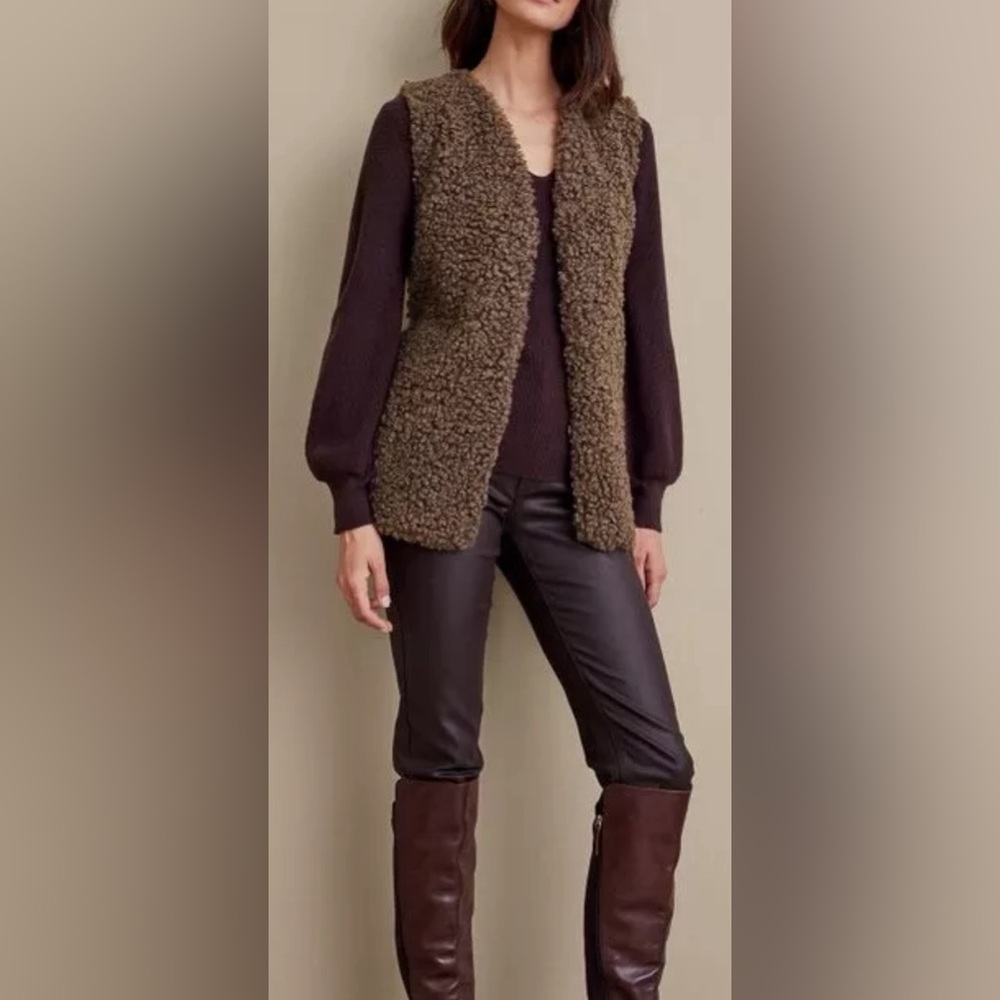 NWT Soft Surroundings Maribo faux fur‎ shearling curly lamb vest Brown Sz S